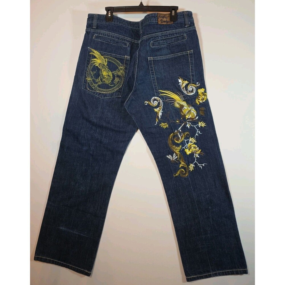 Artful Dodger Jeans Mens Baggy Embroidered Gold Peacock Y2K Streetwear, 37"x32½"